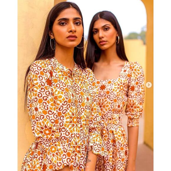 Beyond by Vera Rust Pietra Dura Block Print Midi Cotton Fall Tie Waist Dress - Picture 12 of 12